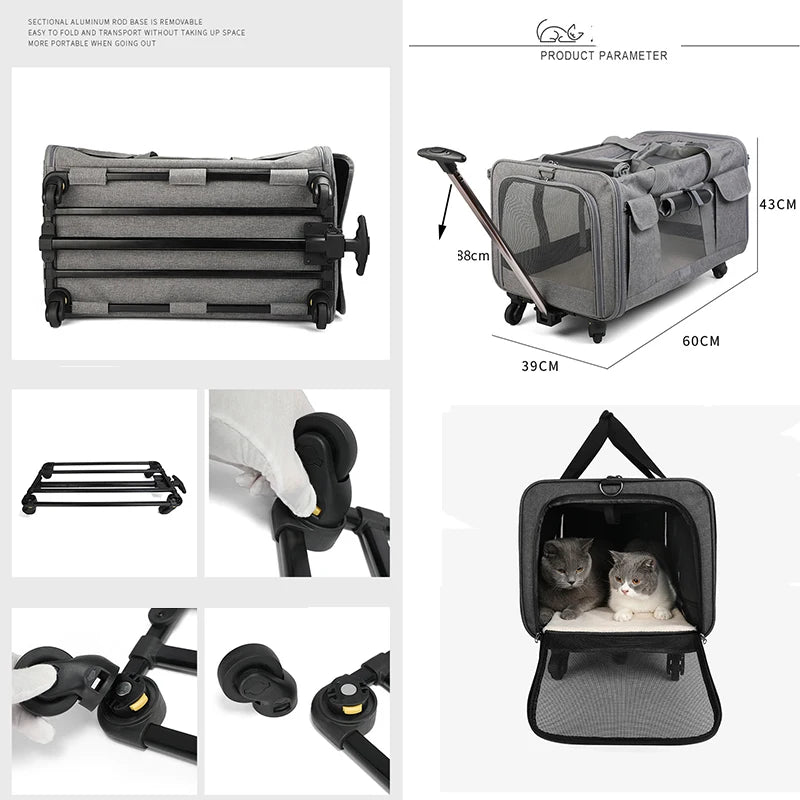 Portable Pet Trolley Case Detachable Universal Wheel Breathable Foldable Large Capacity Pet Puppy Travel Bag Breathable Mesh Bag